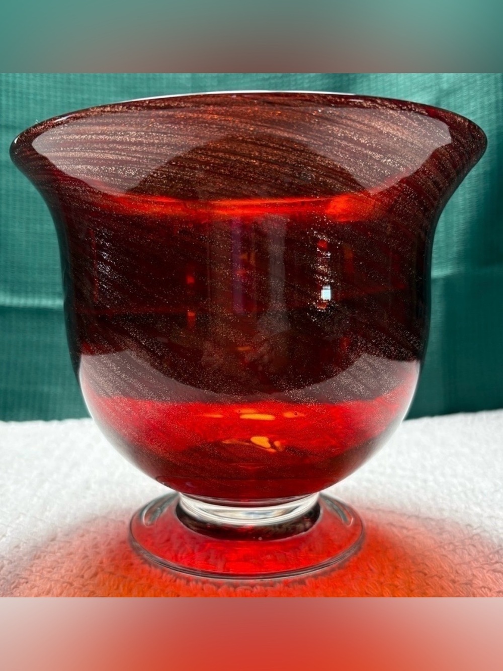 Red Swirl Decorative Footed Vase Made of Red Art Glass with Metallic Sparkles